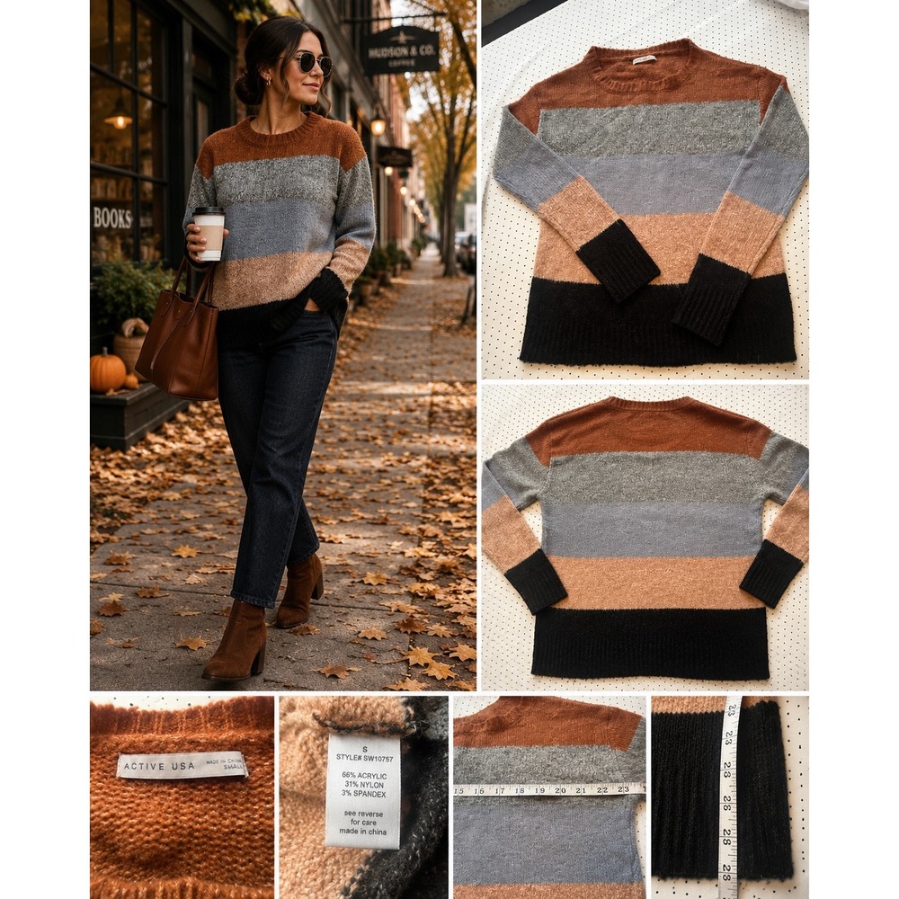 Active USA Colorblock Sweater S Rust Gray Black Cozy Oversized Fall Knit SW10757